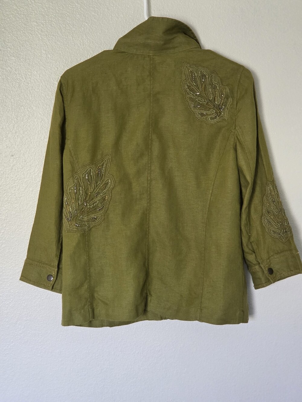 Chico's Linen Olive-Green Utility Jacket with Front Flap Pockets - Picture 3 of 7